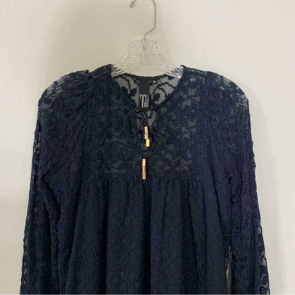 TJ collection navy blue long sleeve lace detail dress size Small Silk dress